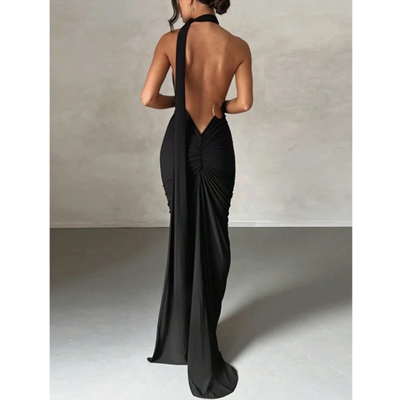 Black Maxi Long Sheath Dress One Shoulder Long Strap  Ruched Back - Picture 3 of 16
